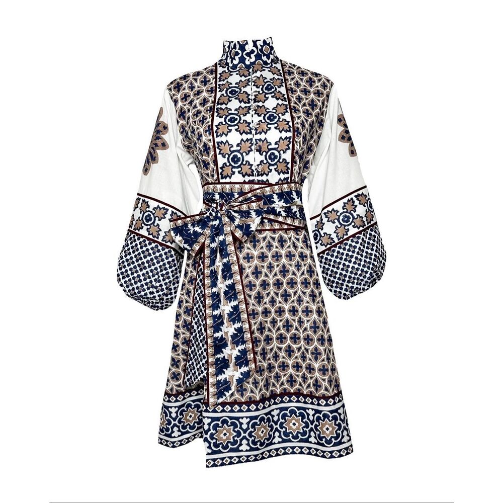 NWT SUE SARTOR Flounce Shorty Mocha/Navy Piazza Mini Dress Women's Small